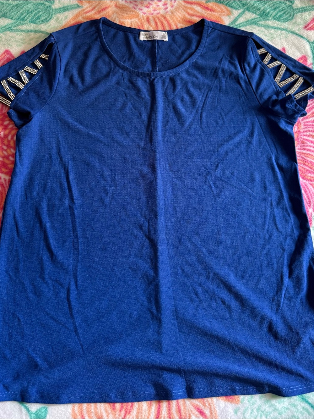 89th & Madison Cobalt Blue Short Sleeve Top with Beaded Shoulder Detail